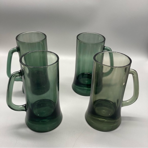 Mid Century Modern Glass set of 4 Beer Mug - Smoked Green Colored Barware EVC - Picture 3 of 6